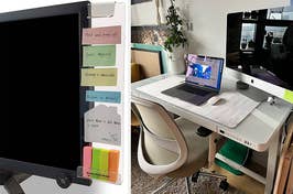 a transparent monitor attachment with notes on it / an electric standing desk
