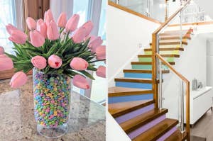 a vase filled with candies and silk flowers and a staircase with colorful deals on the stair raisers