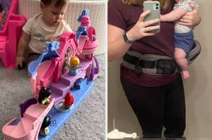 to the left: a toddler with a princess castle, to the right: a mom wearing a tushbaby belt