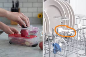 L: hand slicing a radish R: glassware clip securing a wine glass in the dishwasher
