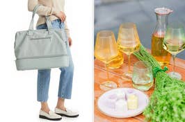 on left: model holding blue Beis carry-on bag. on right: yellow wine glasses filled with wine
