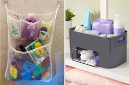 mesh bath toy organizer; grey toiletries organizer