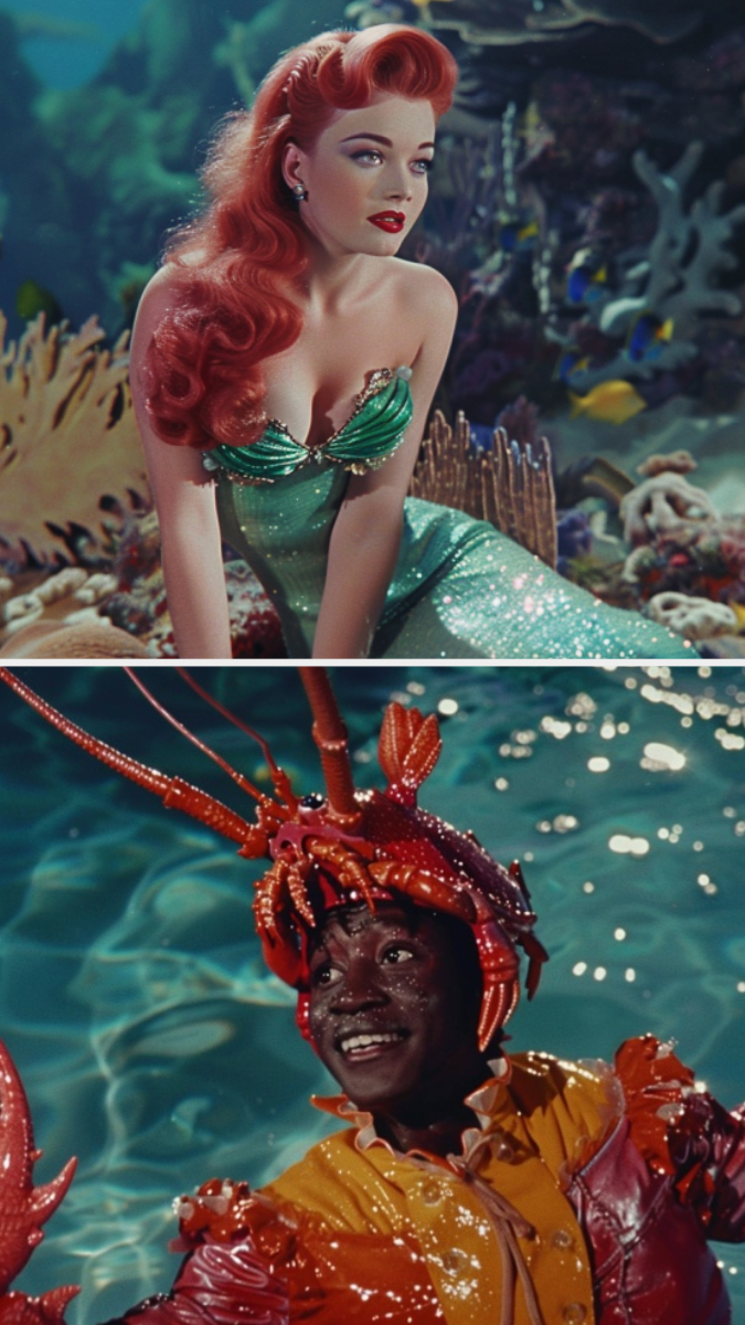 Ariel from The Little Mermaid and Sebastian in an underwater scene. Ariel wears a green dress; Sebastian appears cheerful