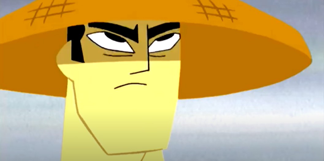 Samurai Jack in a close-up, wearing a traditional hat and a scowl