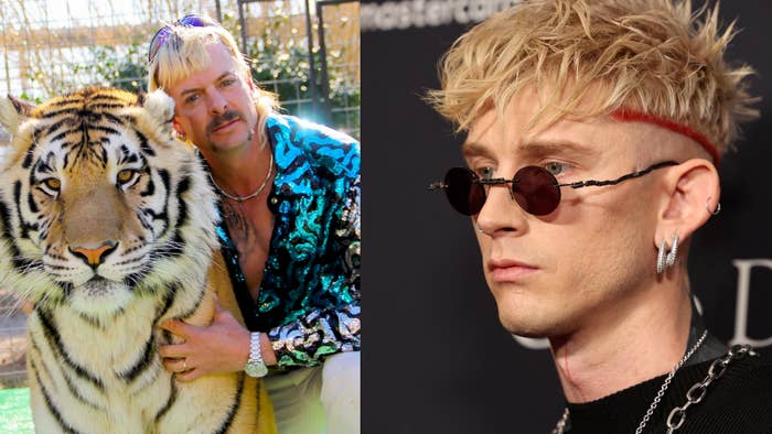 Joe posing with a tiger on the left; MGK in sunglasses on the right at an event