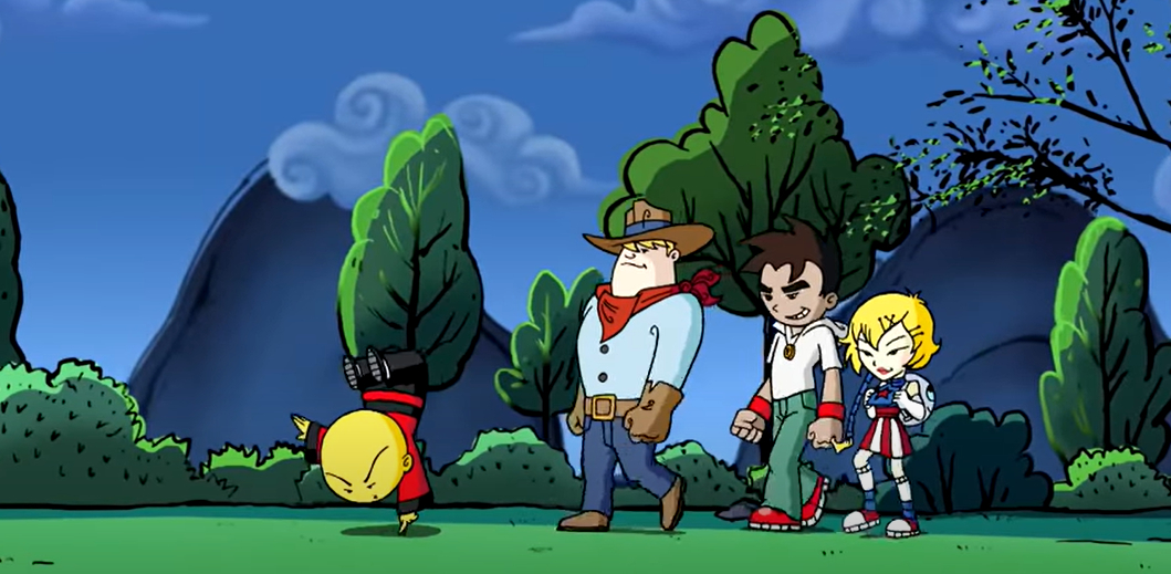 Omi, Clay, Raimundo, and Kimiko from &quot;Xiaolin Showdown&quot; walking together in a forest setting
