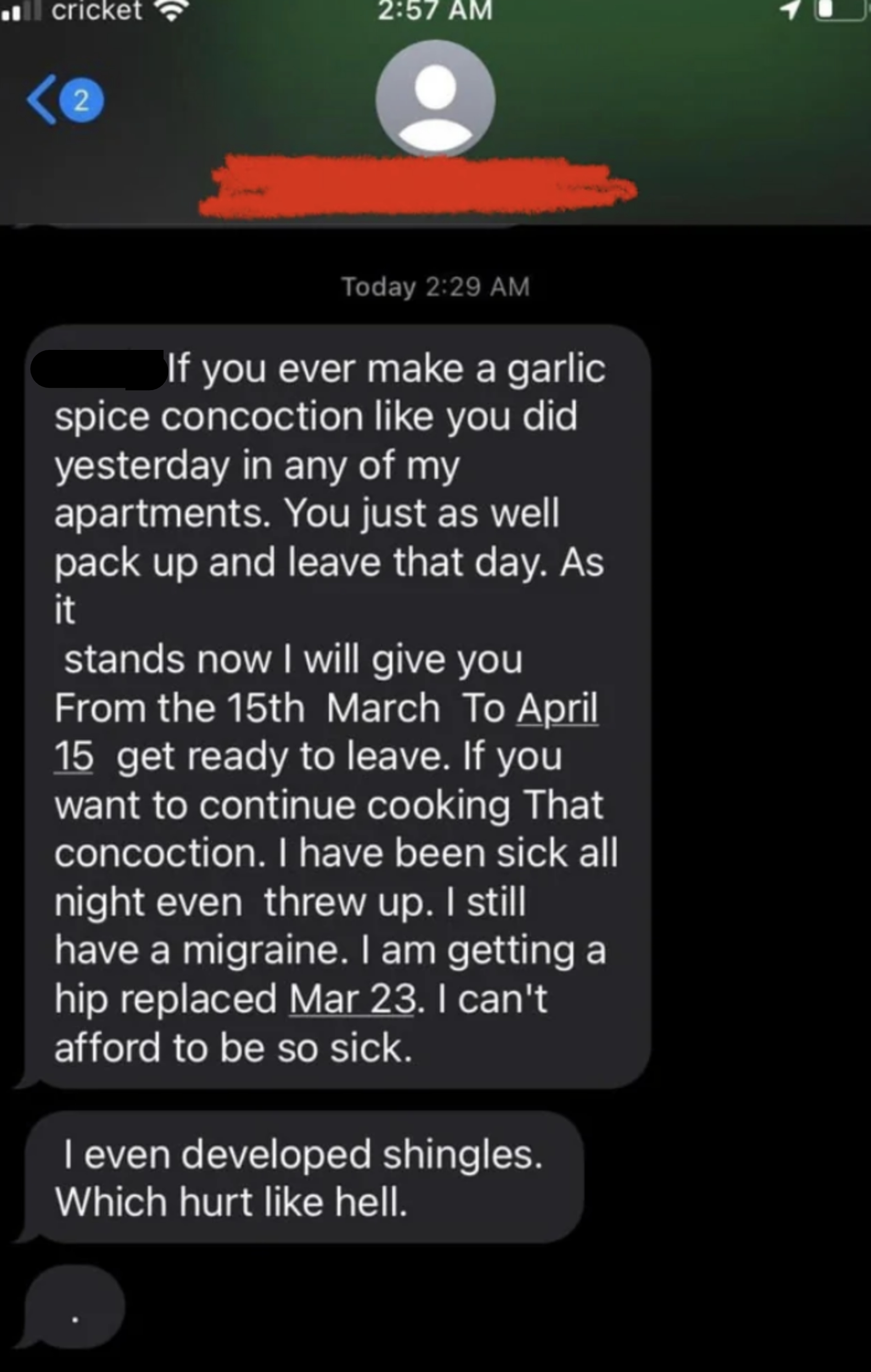 Text message conversation discussing feeling ill, making spice concoctions, and having shingles