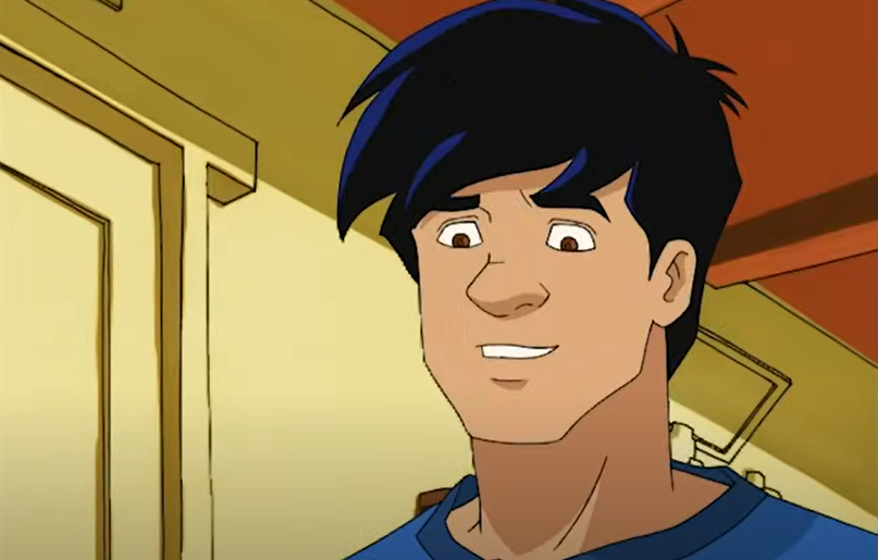 Animated character Superman from the series smiling in a scene