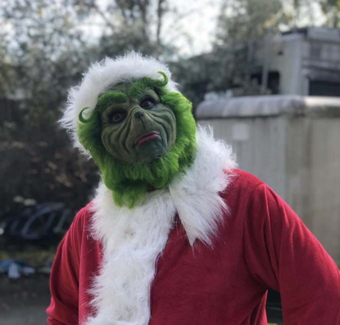 Person in Grinch costume posing outdoors with half-smile expression