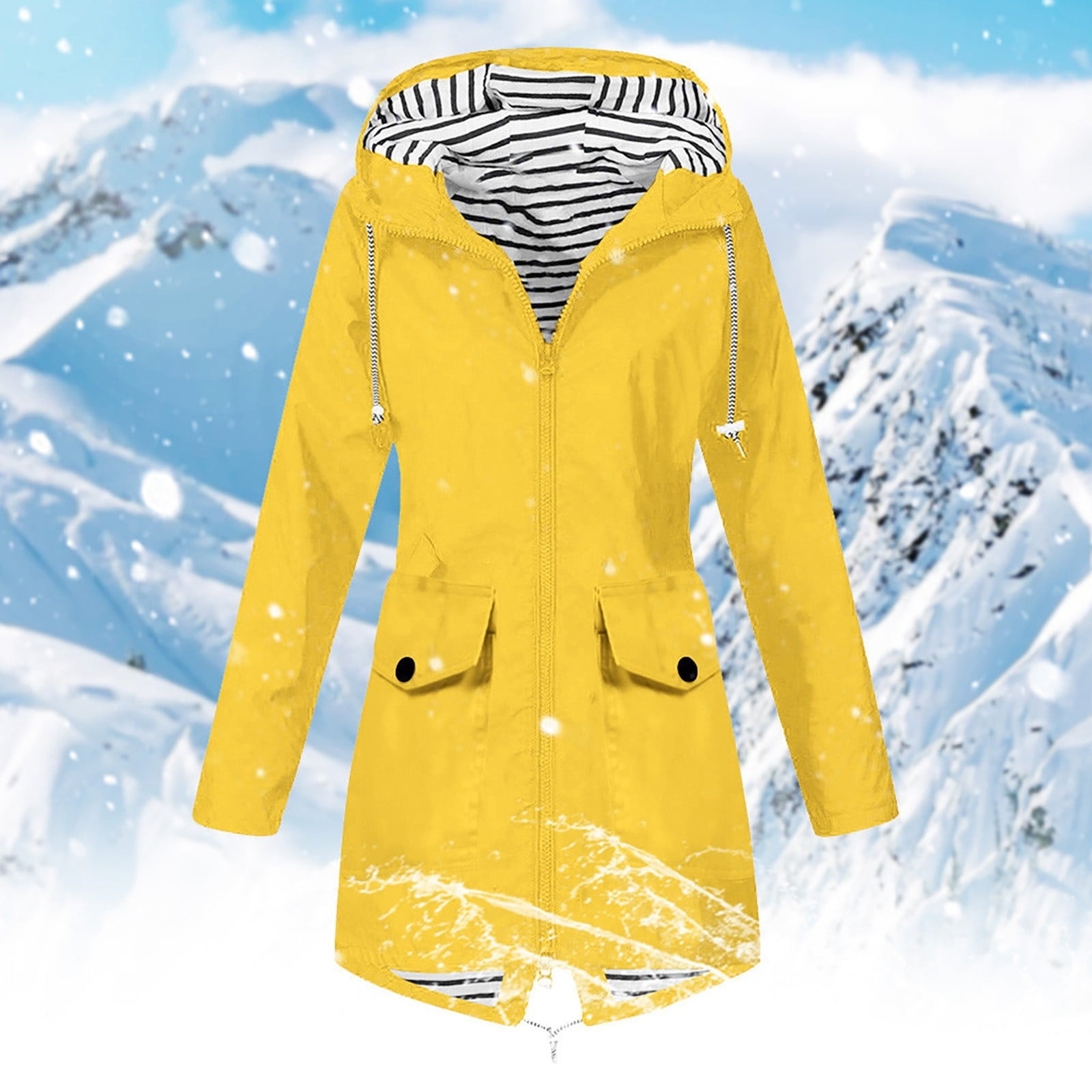 Yellow rain jacket with hood and striped lining displayed against a snowy mountain backdrop