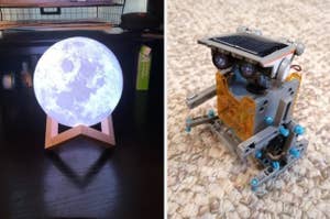 on left: illuminated moon-shaped lamp. on right: DIY gray robot on carpet