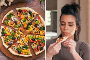 A vegan pizza and Kim Kardashian eating a piece of pizza.