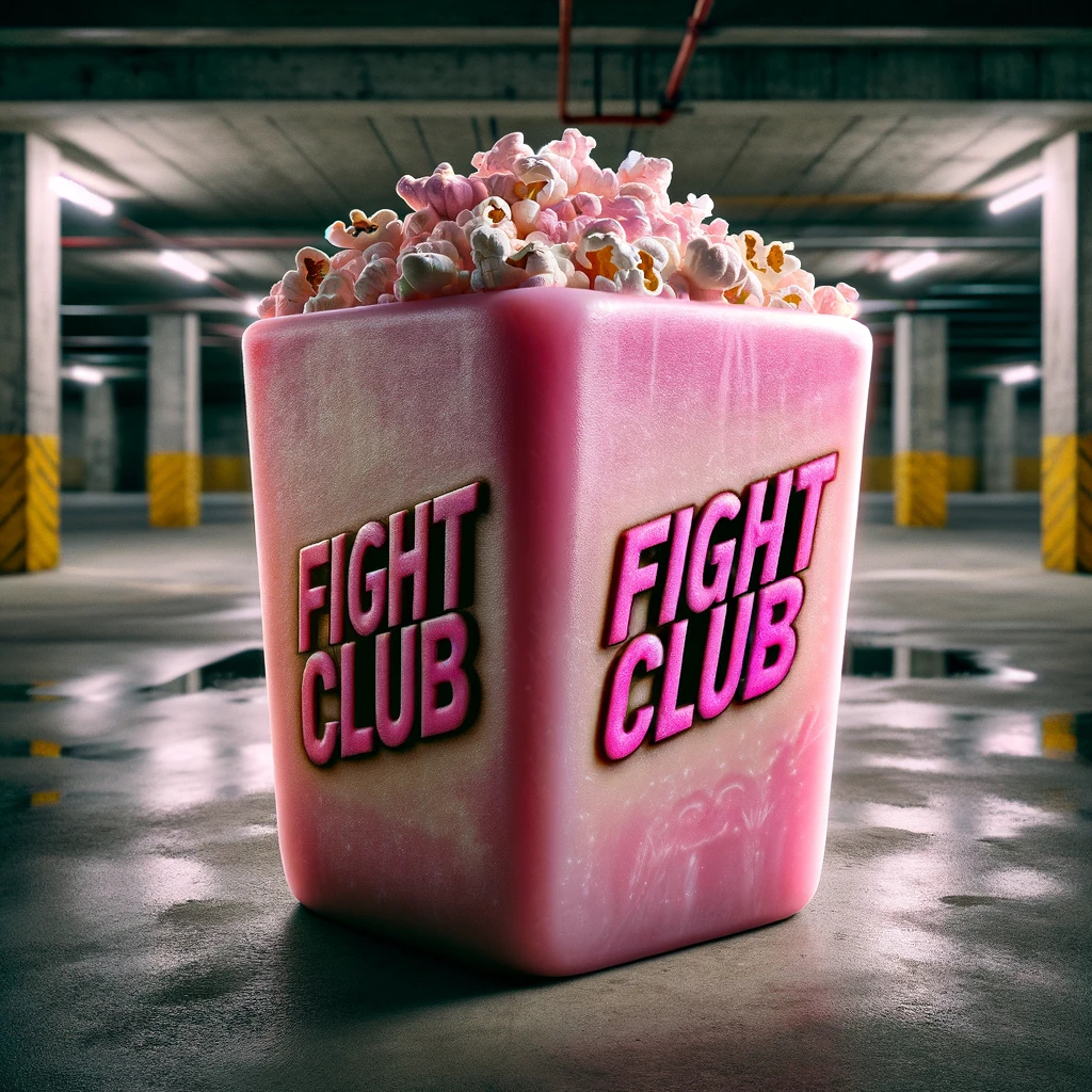 Popcorn bucket with &#x27;Fight Club&#x27; logo, in a parking garage. No people present