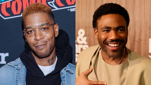 Two side-by-side photos of Kid Cudi and Donald Glover smiling at events