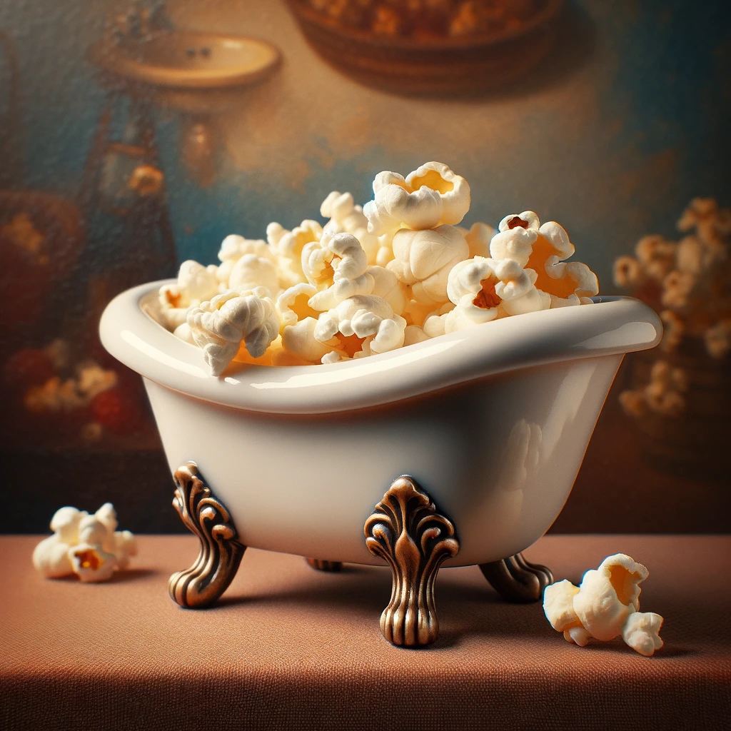 A bathtub-shaped bowl filled with popcorn on a table, with an artistic painting in the background