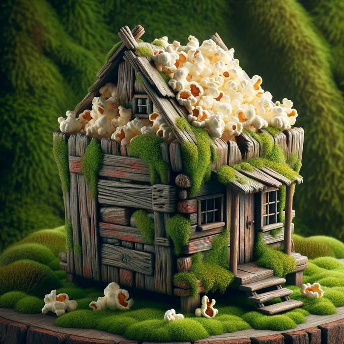 A whimsical cottage made of wood and popcorn representing a cozy scene related to TV and movies