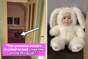 a door open to a dark room and a stuffed rabbit toy with a human doll face