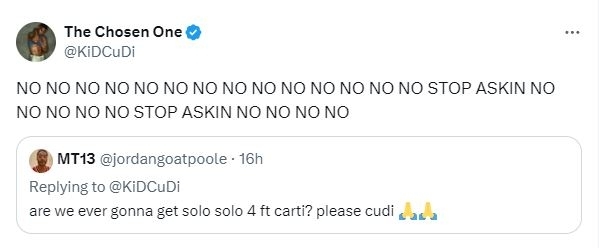 A screenshot of a Twitter exchange where @KiDCuDi repeatedly replies &quot;NO&quot; to a fan&#x27;s question about solo music