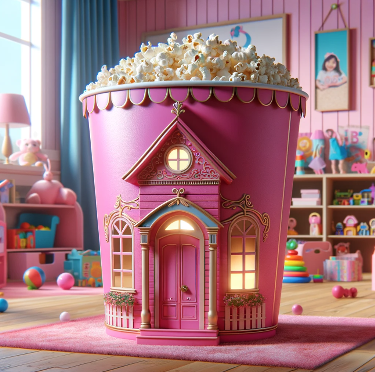 A whimsical popcorn bucket designed like a pink house featured in an animated setting