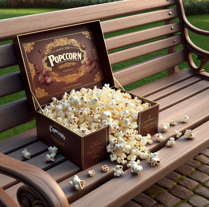 Box of gourmet popcorn overturned on a park bench, popcorn spilled onto the seat and ground