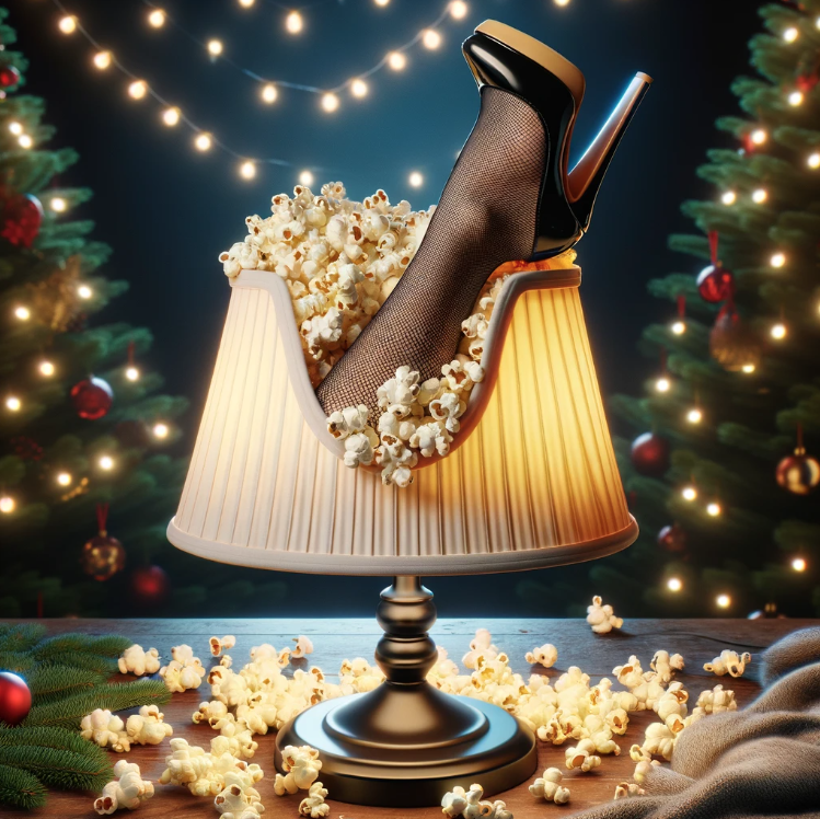 A stylized lamp with a popcorn shade and a high-heel switch, evoking luxury in a festive setting