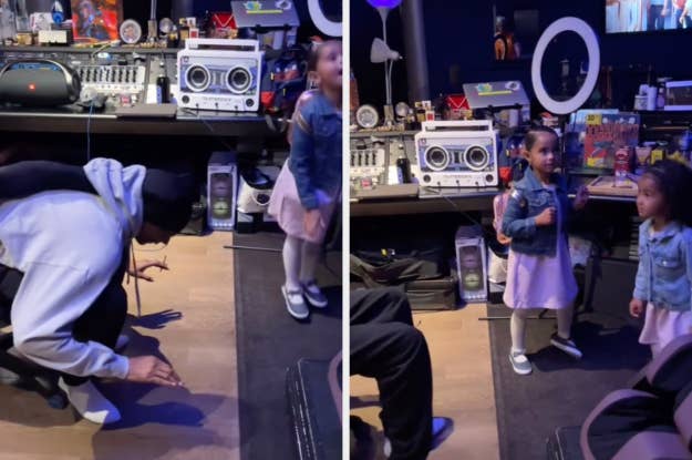 Person greets child in a music studio filled with equipment