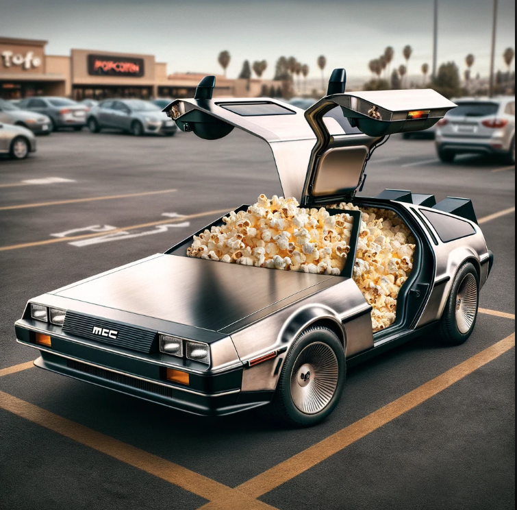 Delorean car with open gull-wing doors filled with popcorn, parked outside, referencing film nostalgia