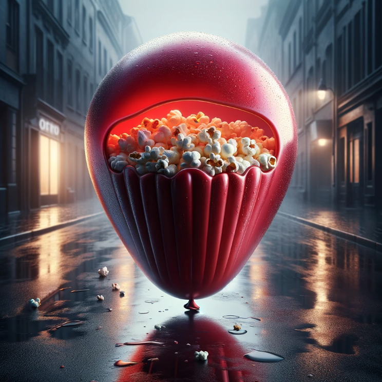 Giant red-striped popcorn bucket spilling over on a misty street, symbolizing a movie experience