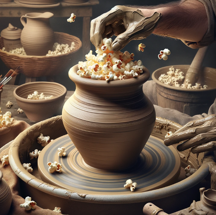 Clay-animated hands shaping a vase on a potter’s wheel, popcorn kernels popping out