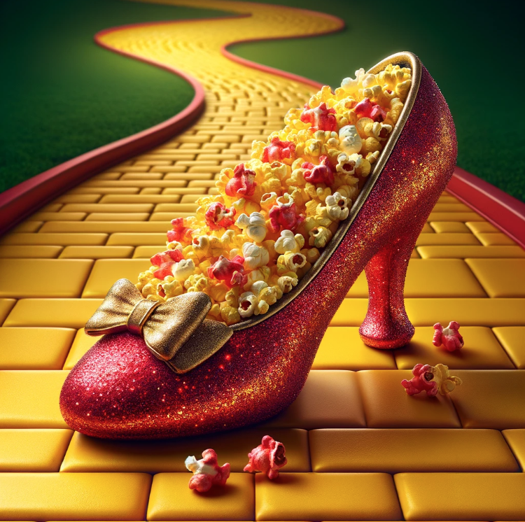 Red sparkling high-heeled shoe filled with popcorn on a yellow brick road background, no people