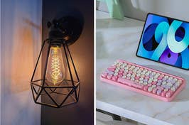 to the left: an edison light bulb, to the right: a pink colorful keyboard