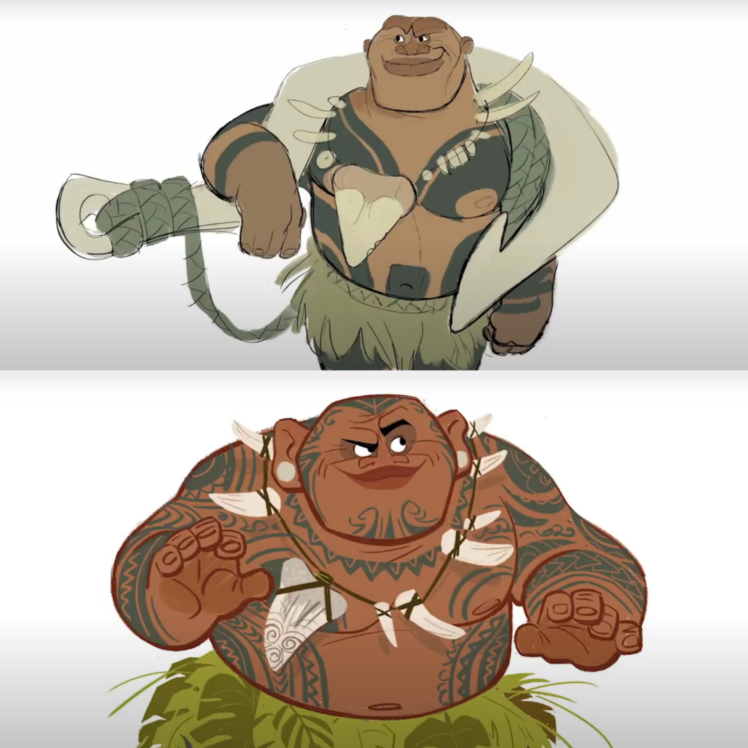 Two images of Maui from Moana, top shows a friendly smile, bottom shows a focused expression