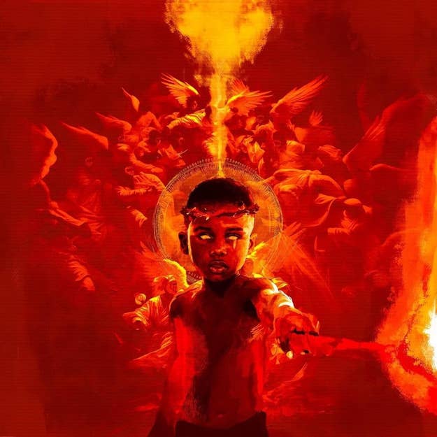 Illustration of a boy with angelic figures in the background and fiery hues surrounding him, for a music article