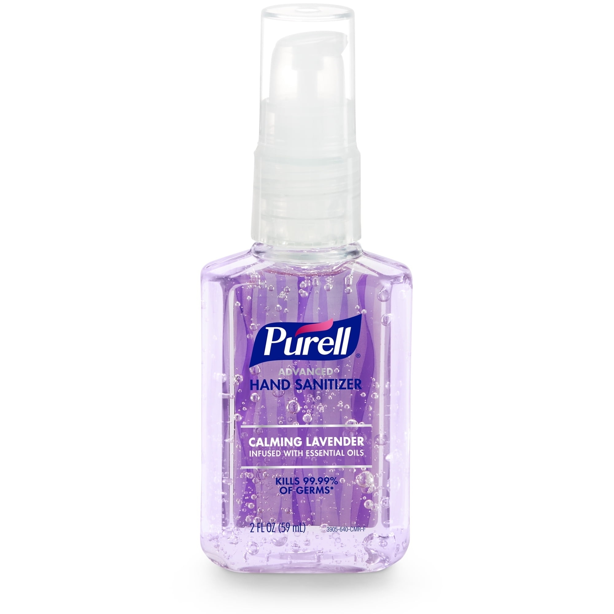 Bottle of Purell hand sanitizer with lavender, text highlights killing 99.99% of germs