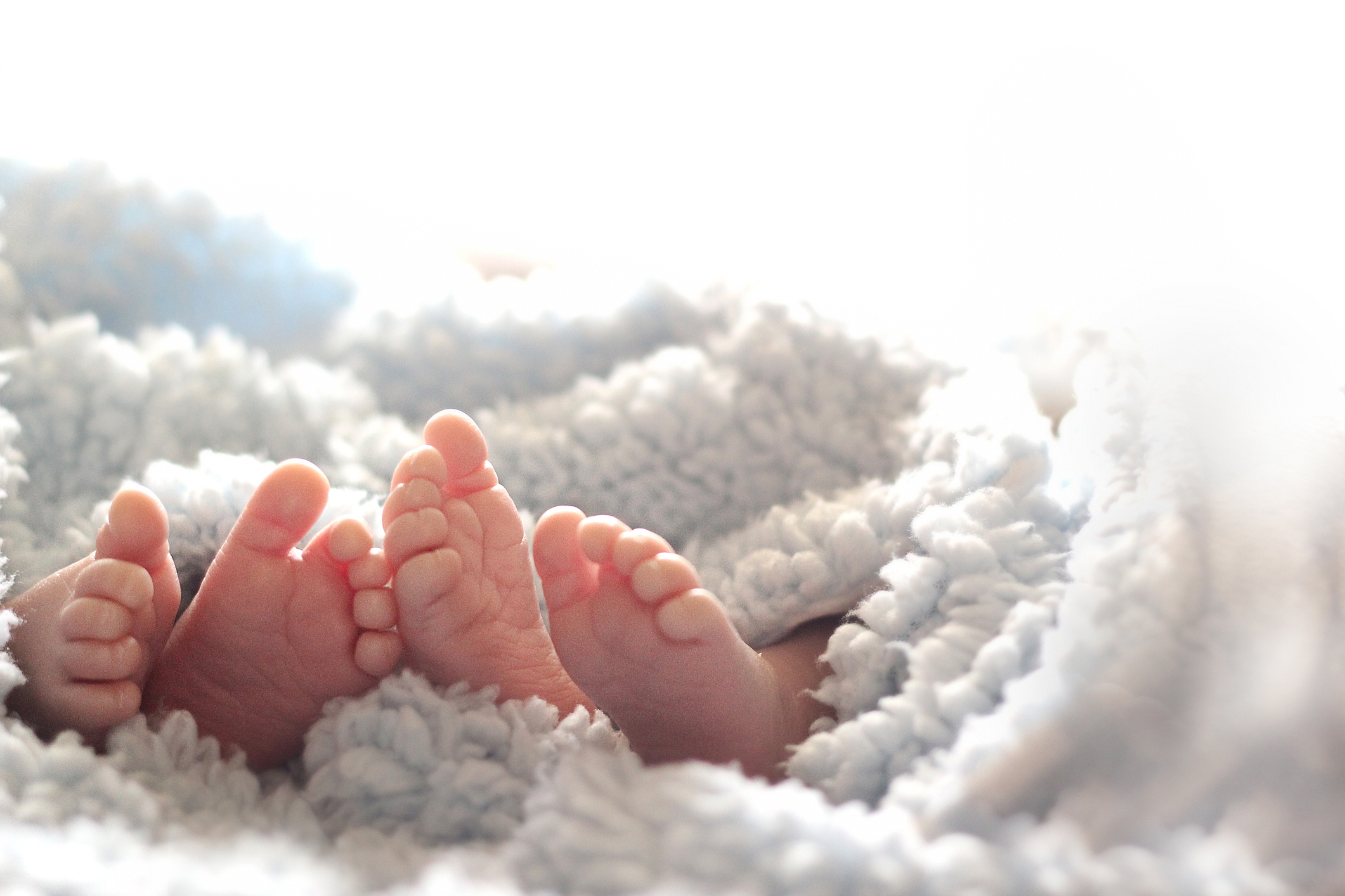 Close-up of feet peeking out from a soft blanket, symbolizing early stages of life and love
