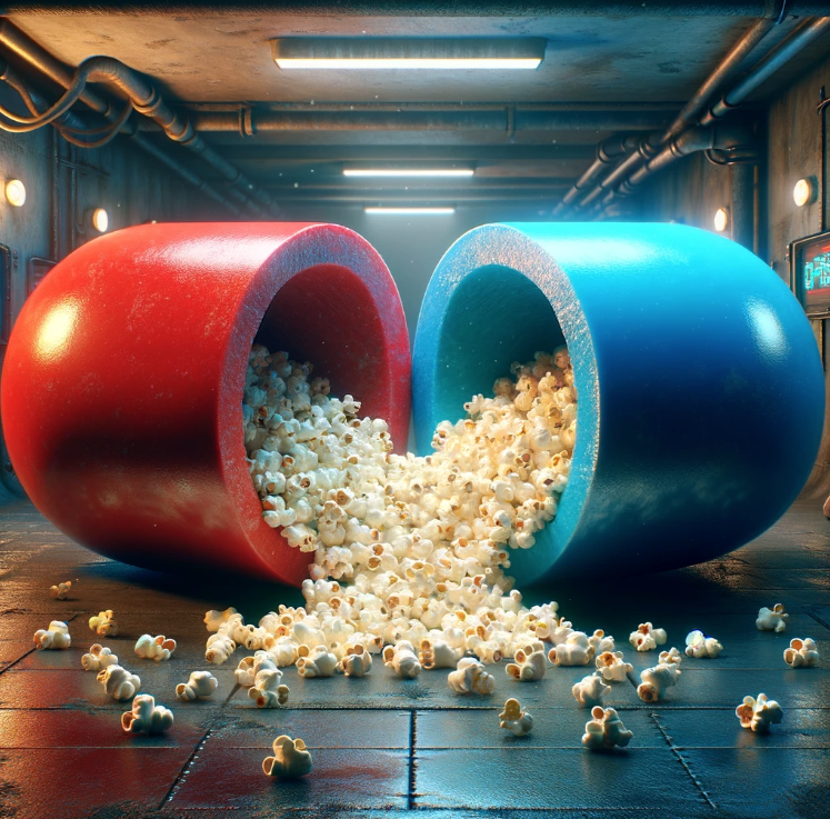 Two oversized spilled pill capsules filled with popcorn on a corridor floor, invoking a surreal cinematic concept