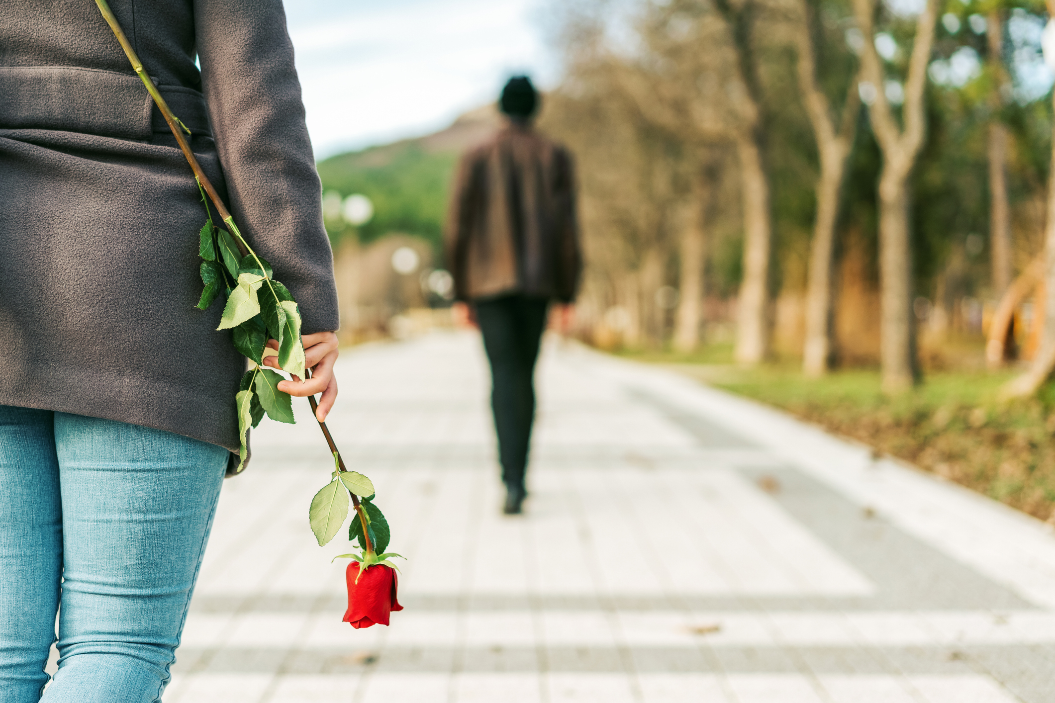 Person holding a rose watching another walk away on pathway