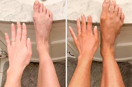 L: a reviewer's hand and leg, R: the same reviewer's hand and leg with the skin appearing slightly darker 