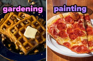 On the left, some waffles topped with chopped nuts, syrup, and a pat of butter labeled gardening, and on the right, two slices of pepperoni pizza on a paper plate labeled painting