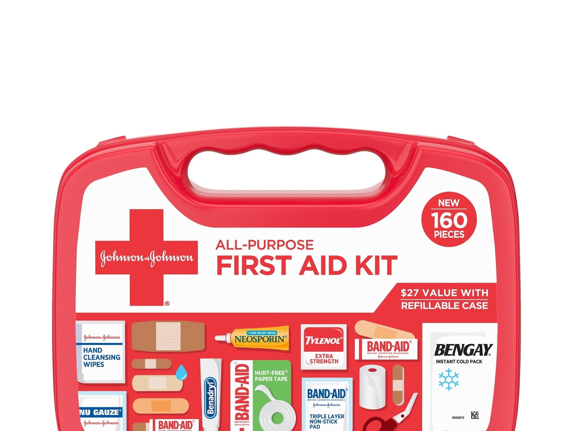 Johnson &amp;amp; Johnson first aid kit with various medical supplies, refillable case