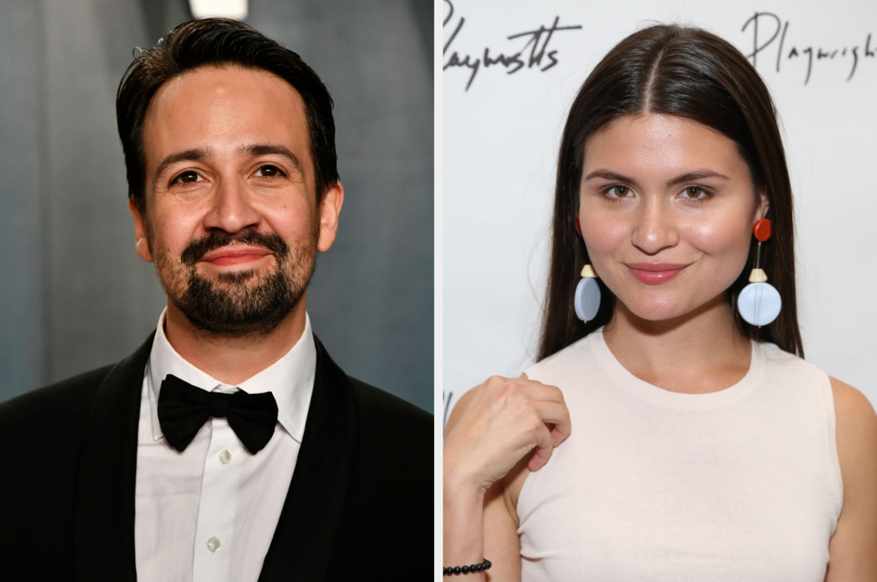 Two people: Lin-Manuel Miranda in black tuxedo and bow tie; Phillipa Soo in sleeveless top with round earrings