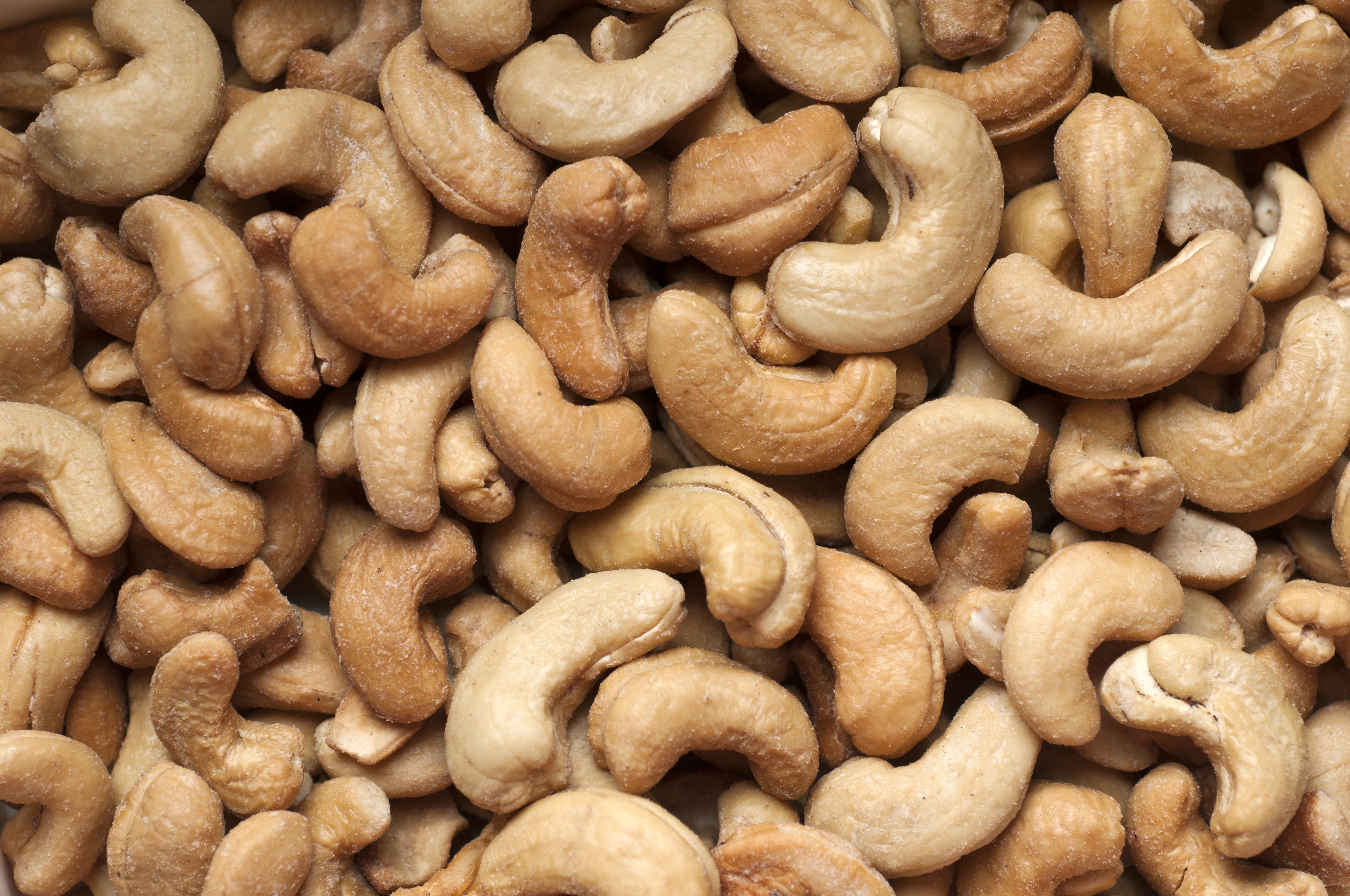 A close-up view of multiple cashew nuts