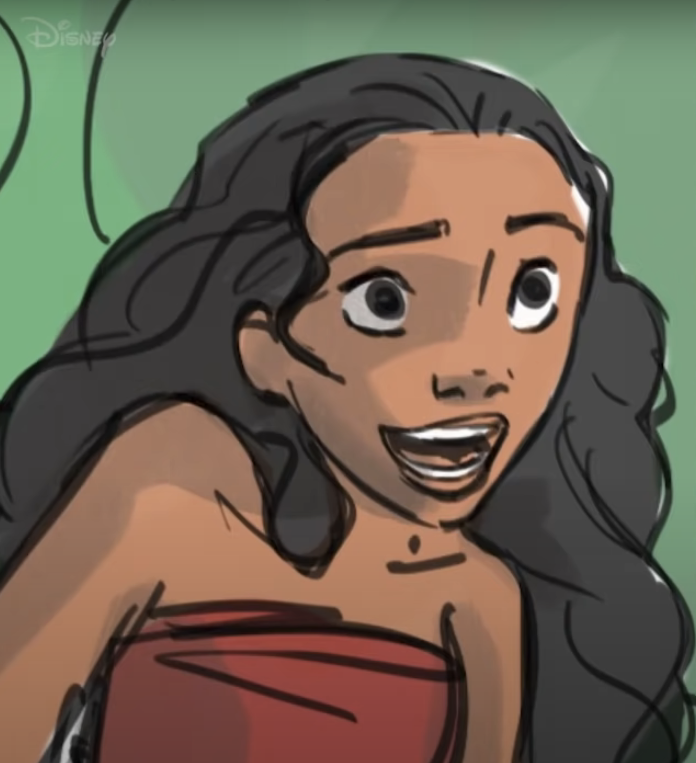 Animated character Moana from Disney, smiling, looking to the side, with long wavy hair