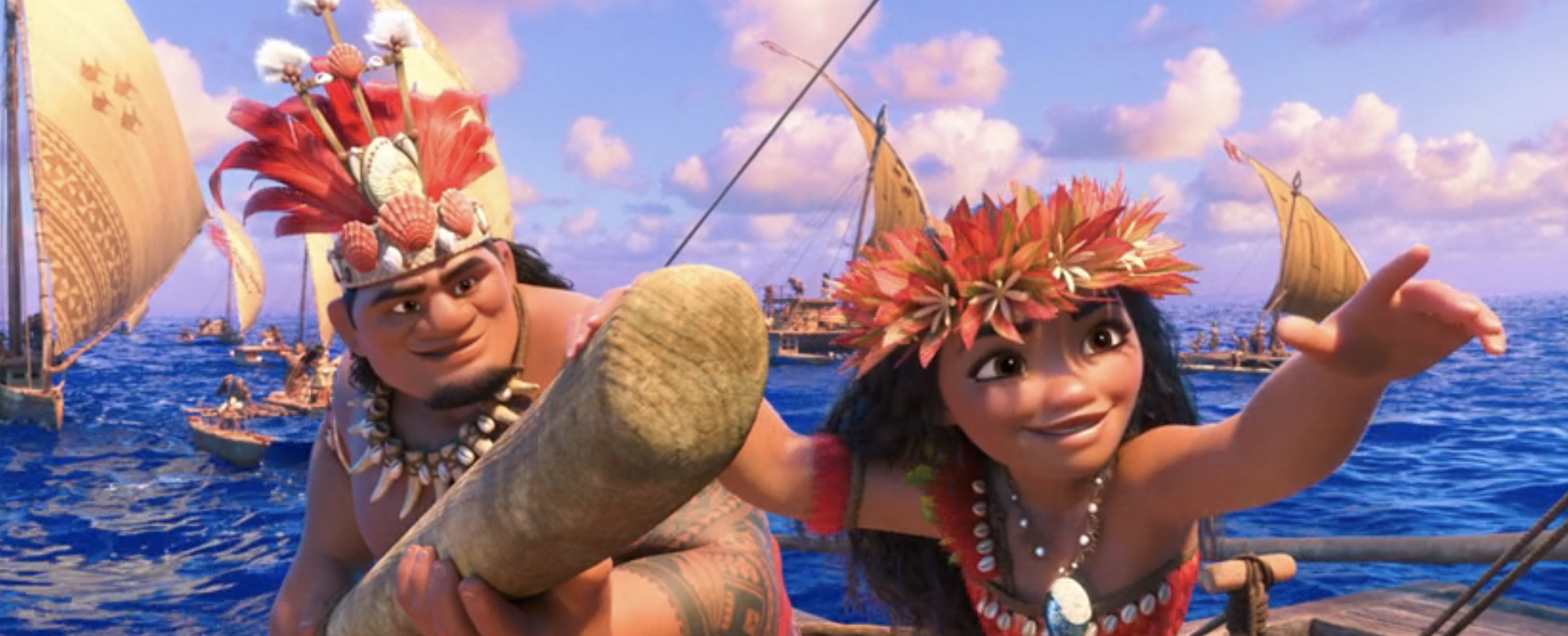 Animated characters Maui and Moana on a boat with the ocean and other boats in the background
