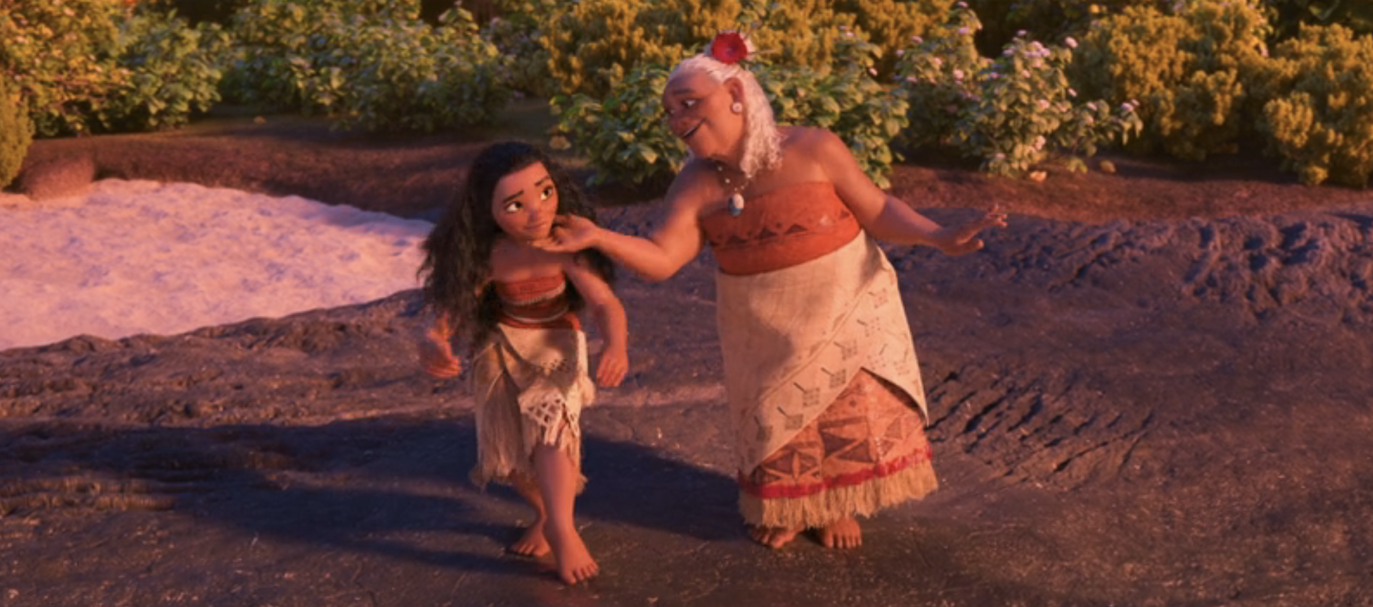 Moana and Gramma Tala animated characters standing together with a gentle touch, traditional Polynesian attire, beach background