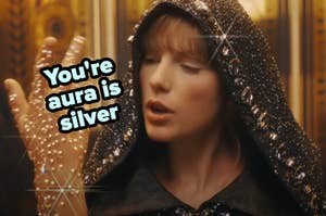 Taylor Swift in a silver hood.