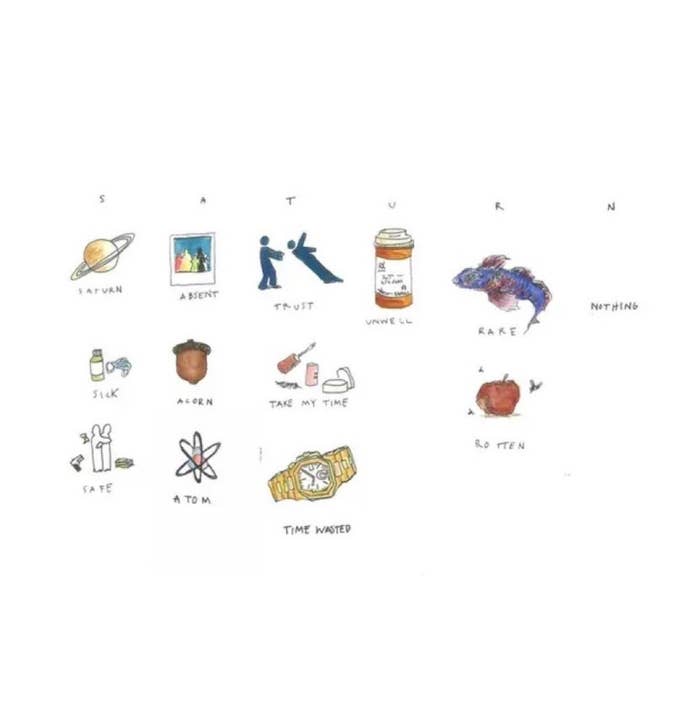 Grid of 12 whimsical illustrations depicting visual puns, each accompanied by a letter spelling &quot;SATURN&quot; and &quot;BARREN&quot;