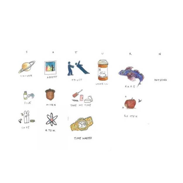 Grid of 12 whimsical illustrations depicting visual puns, each accompanied by a letter spelling "SATURN" and "BARREN"