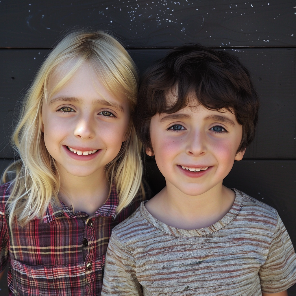 Two children, the girl with shoulder-length blonde hair and the boy with dark hair, smiling for the camera