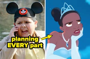 Manny from "Modern Family" talking on the phone with Mickey ears on and princess Tiana looking annoyed.